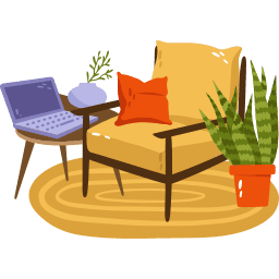 Ilustração com cadeiras e plantas em um ambiente acolhedor